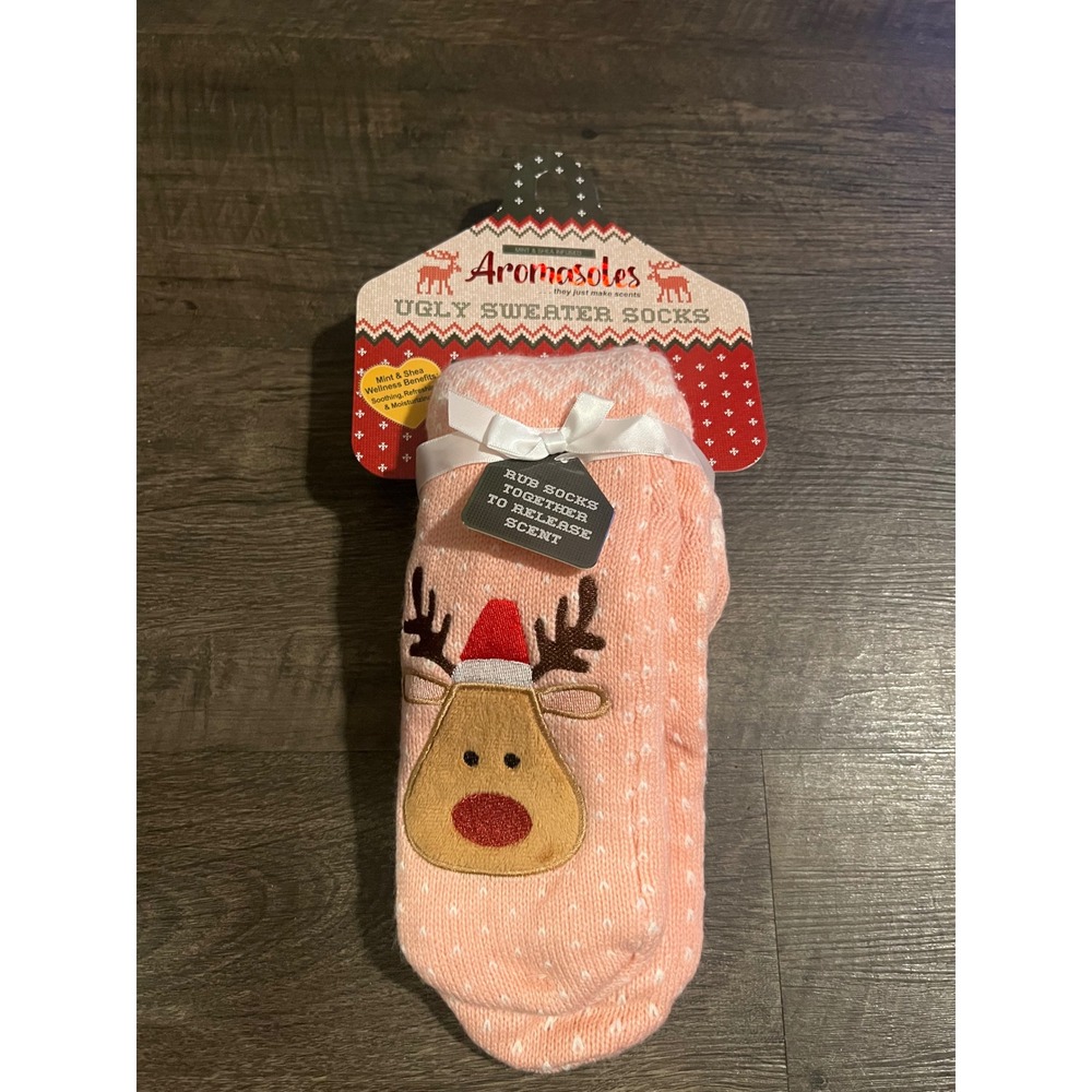 Aromasoles Womens Ugly Sweater Socks Scented Reindeer Pink One Size NWT